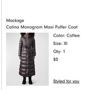 Mackage Calina Ladies Full Length Down Coat in Coffee size XL